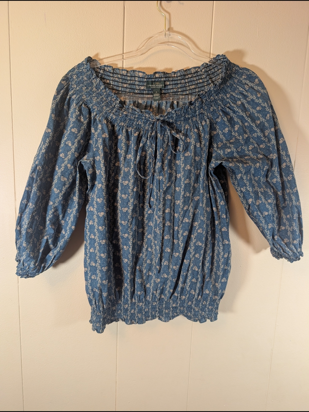 Lauren Jeans Co. Ralph Lauren Floral Chambray Peasant Top Medium Blue Off Should